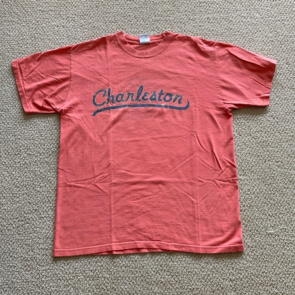 Perrin Charleston T-Shirt Men’s Unisex Size Large Orange Peach Soft Casual EUC
